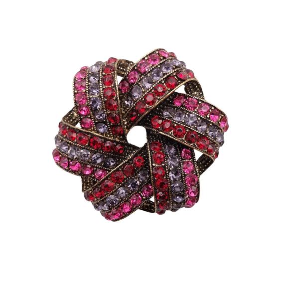 Vintage Monet Brooch Red Pink Purple Rhinestone Bronze Tone 3D Bow Statement - Picture 1 of 6